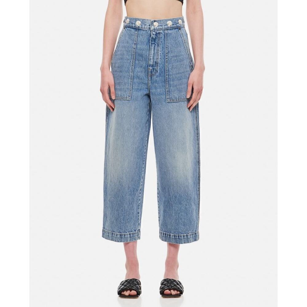 Khaite Hewey Studded High Waisted Wide Leg Cropped Denim Jeans Light Wash Sz 25